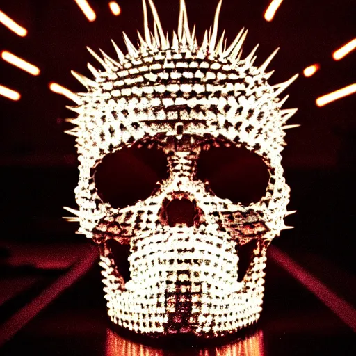 Prompt: a low poly disco skull full of long spikes, reflecting light in a nightclub, grainy film photograph