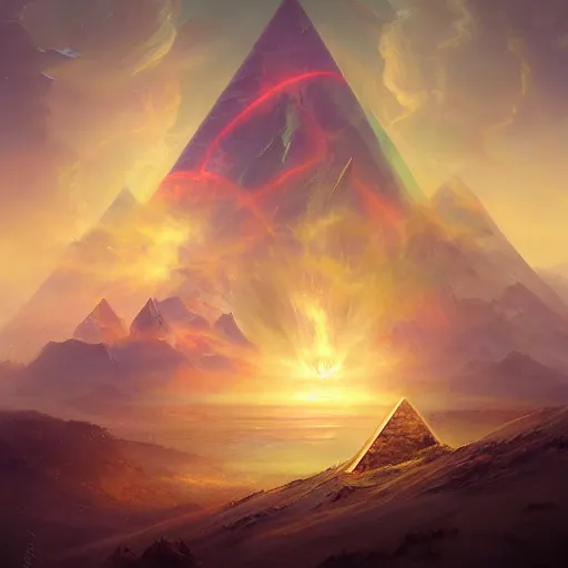 Prompt: ultradetailed pyramid structure emitting an energy beam into the atmosphere by peter mohrbacher and emmanuel shiu and martin johnson heade and bastien lecouffe - deharme