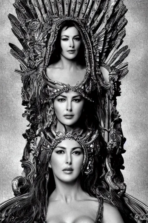 Image similar to Monica Bellucci as a Goddess sitting on a throne, Detailed Face