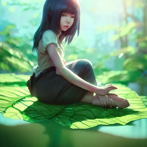 Image similar to very small little girl by ross tran, sitting on a gigantic green leaf by sana takeda, rtx reflections, octane 1 2 8 k, very high intricate details, digital anime art by wlop, medium shot, mid - shot, composition by ilya kuvshinov, lighting by greg rutkowski