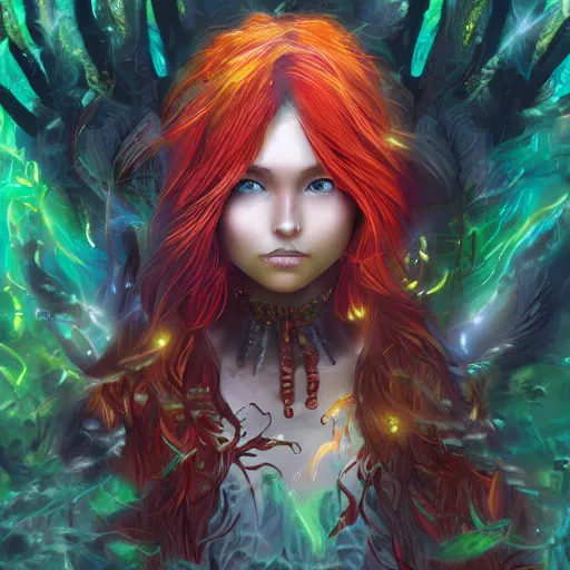 Image similar to magical astonishing dark forest is protected by an indigenous girl, her hair glows on fire as she protects the forest with her fire powers. trending on artstation, splash art hyper-detailed, 4K