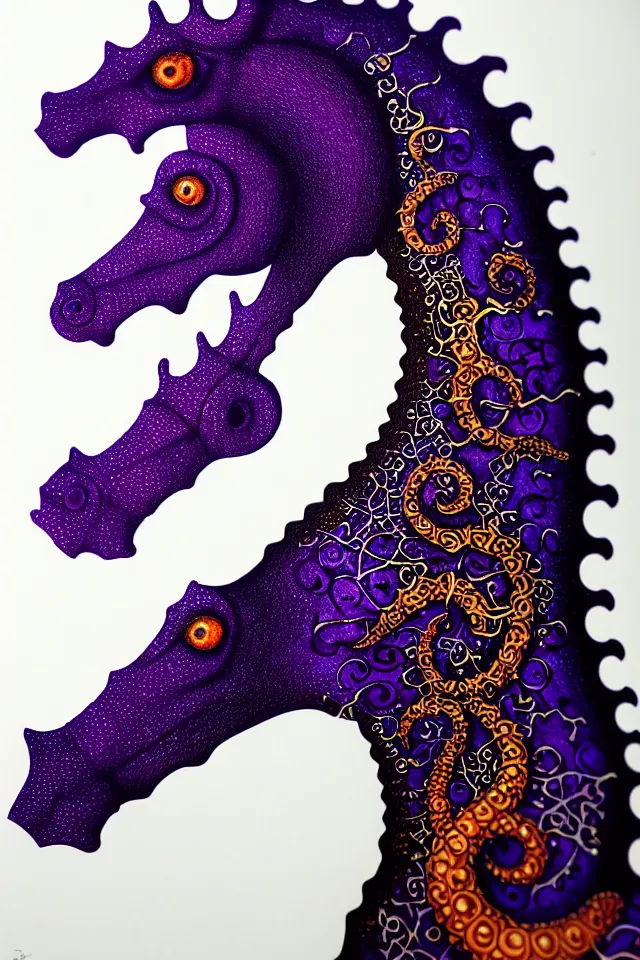 Prompt: a close up portrait of a purple ornate seahorse head statue, orange eyes, black paper, billions of details, beautiful intricate painting by kokaris