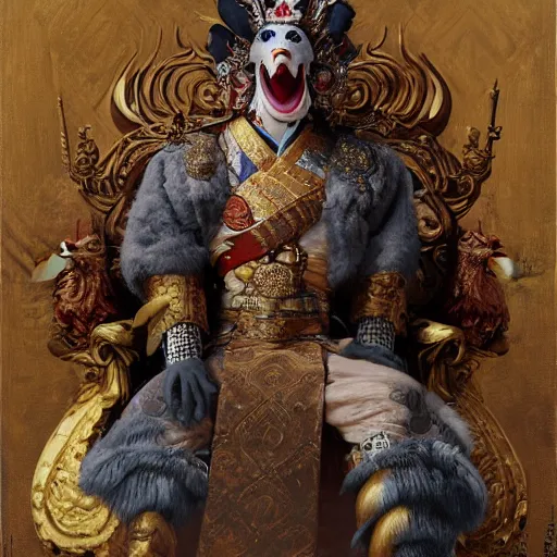 Image similar to medium shot portrait of the hen emperor of japan dressed as a chicken with a scary smile, sitting on his throne, highly detailed painting by gaston bussiere, craig mullins, j. c. leyendecker 8 k