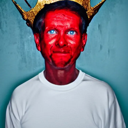 Prompt: man with a crown, smirk, photograph, black backgrounds, glowing red eyes, oil painting