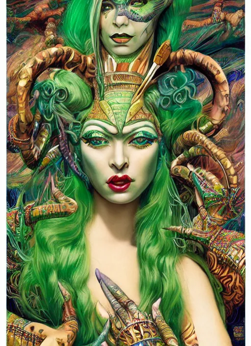 Prompt: green haired woman with six arms and animal horns in psychedlic clothing and egyptian makeup, detailed arms, detailed legs, detailed face, extremely detailed frontal declotage and thick flowing hair, Egyptian makeup, psychedelic clothing, american postcard art style, by Gil Elvgren, Julie Bell, krenz cushart, Greg Hildebrandt and Randolph Stanley Hewton, fantasy, intricate complexity, female facial structure, accurate human anatomy mixed with hyper-evolved alien and cyborg characteristics, sci-fi character concept, photorealism, splatter, bleed, epic clouds and lighting, hyperrealism, 8k