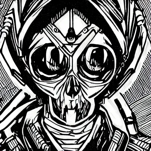 Image similar to a cyberpunk skull character drawn in the style of samurai jack