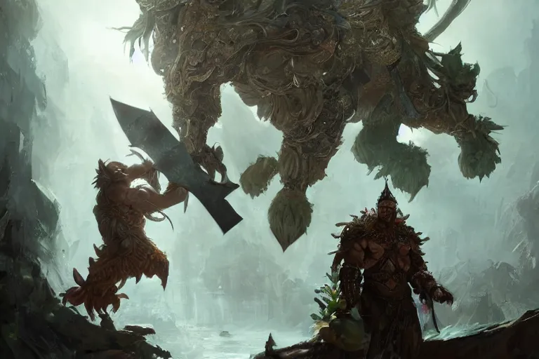 Prompt: a muscular tunesian man wearing plants as armor fighting a fluffy cat wearing a crown and cape wielding a scepter, fantasy, digital painting, volumetric light, intricate, sharp, focus, bloom, illustration, highly detailed, concept art, matte, ruan jia, randy vargas, greg rutkowski