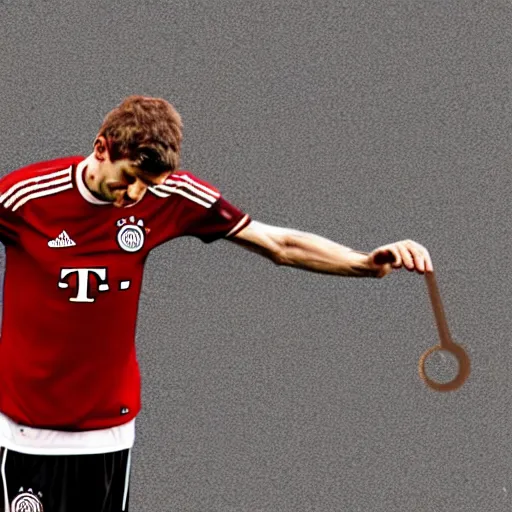 Prompt: Caricature but as 4k photography. thomas muller is a bum in the streets of berlin, looking at the ground, sad.