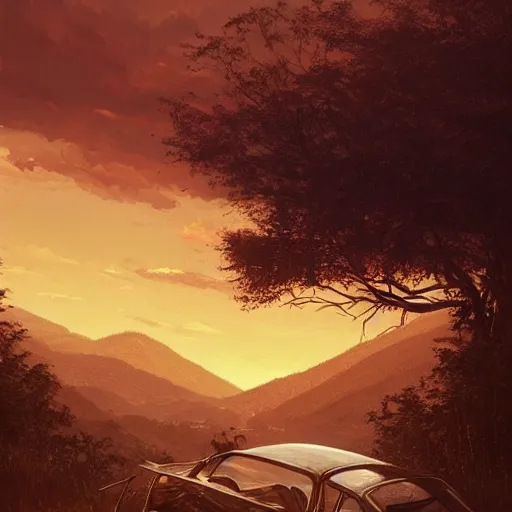 Image similar to low angle shot of tree growing inside scrap car in the foreground. overgrown. soft golden red sunset over the mountains in the background. clouds. detailed leaves. hyperrealistic, highly detailed, cinematic, beautiful, cgsociety, artstation, oil painting by greg rutkowski, by artgerm, by wlop