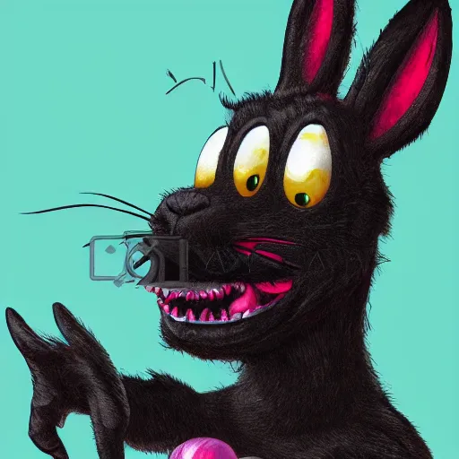 Image similar to A extremely highly detailed majestic hi-res beautiful, highly detailed head and shoulders portrait of a scary terrifying, horrifying, creepy black cartoon rabbit evil laughing standing up wearing pants and a shirt in the style of Walt Disney