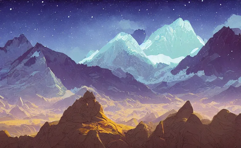 Prompt: mountains, stars and paisley filled sky, artstation, intricate, highly detailed, digital painting, concept art, sharp focus, illustration by Charles Williams and James Gilleard