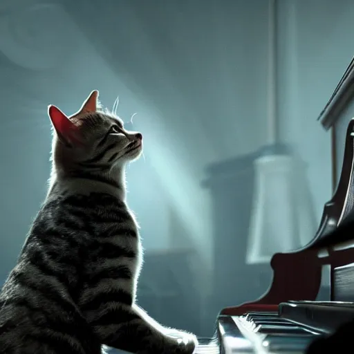 Image similar to atmospheric screenshot of a cat playing on piano in call of duty, 4k