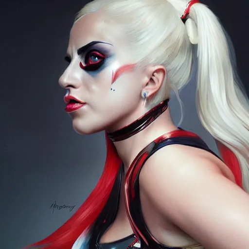 Image similar to full figure ultra realistic illustration, lady gaga as harley quinn, intricate, elegant, highly detailed, digital painting, artstation, concept art, smooth, sharp focus, illustration, art by artgerm and greg rutkowski and alphonse mucha