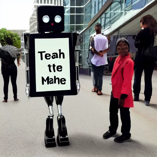 Image similar to a robot holding a sign saying teach me to spell