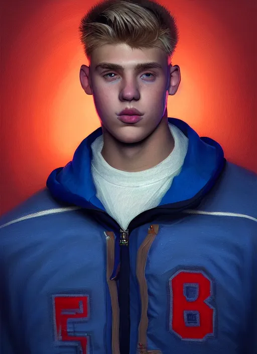 Image similar to portrait of high school senior boy named big moose, blonde short hair, jock, beefy, wide face, square jaw, square facial structure, blue varsity jacket with his name, intricate, elegant, glowing lights, highly detailed, digital painting, artstation, concept art, sharp focus, illustration, art by wlop, mars ravelo and greg rutkowski