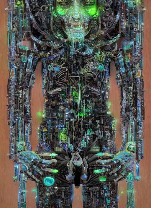 Image similar to a hyper - detailed fine painting of a synthetic humanoid cyborg hybrid half cybernetic and half made of plants and wood, concept art magical highlight, full color tribal and technologic art, variations and fulcolor futuristic