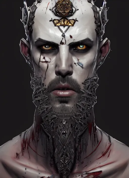 Image similar to symmetry!! portrait of crowned! borderlands 3 ( male ) psycho, ( beard ) ( scars ) ( wounds ) ( piercings ), intricate, elegant, highly detailed, digital painting, artstation, concept art, smooth, sharp focus, illustration, art by artgerm and greg rutkowski and alphonse mucha, 8 k