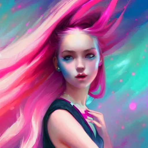 Image similar to colorful and festive captivating teenager girl with pink hair, cyan top crop, black skirt, black leggings, cute look. rich vivid colors, ambient lighting, dynamic lighting, 4 k, atmospheric lighting, painted, intricate, highly detailed by charlie bowater