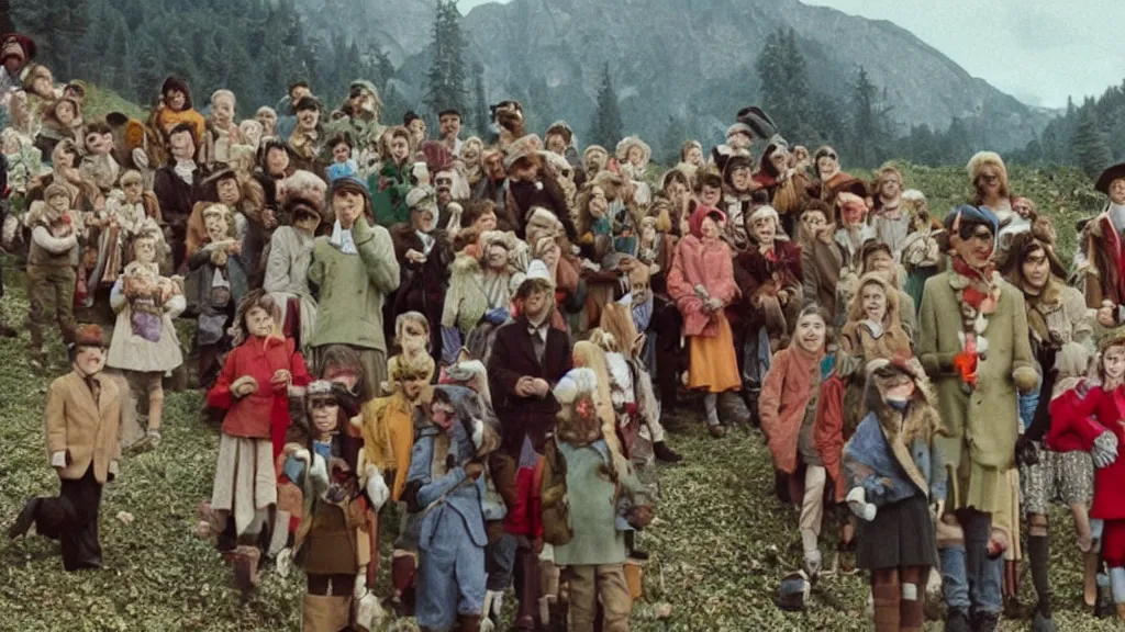 Image similar to A still from a Wes Anderson movie where the Pied Piper is luring hundreds of kids up a hill, long shot