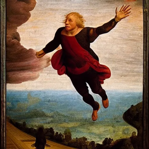 Image similar to boris johnson ascending to heaven, bright lighting, vivid colors, renaissance painting in the style of leonardo da vinci