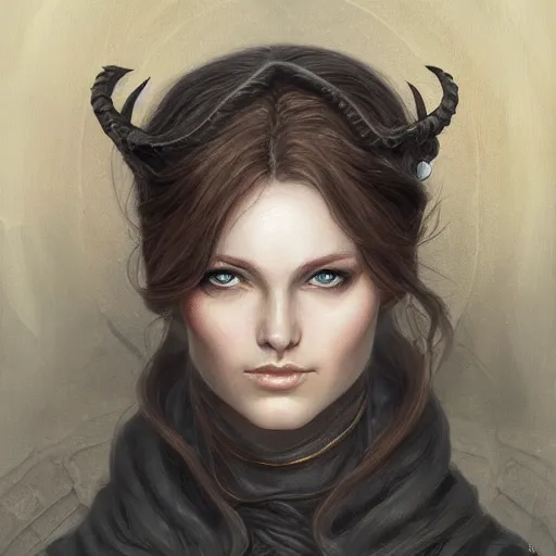 Image similar to a detailed matte head - on portrait painting of an middle - aged half - tiefling noblewoman with golden eyes and short well kept hair, by charlie bowater, lise deharme, wlop, tending on arstation, dungeons and dragon, dnd, pathfinder, fanart, oil on canvas