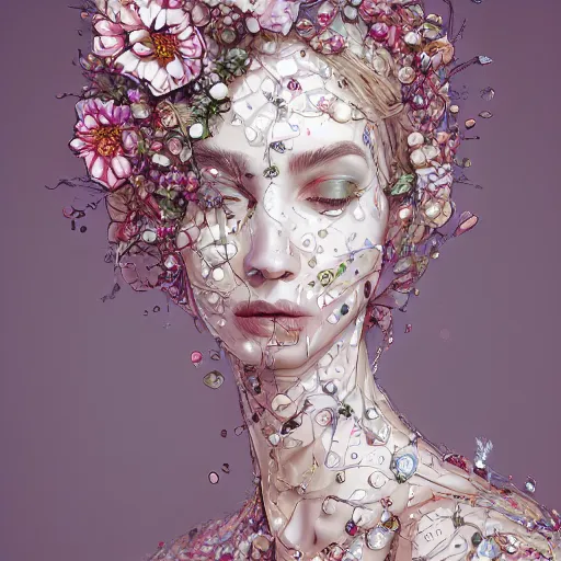 Image similar to the portrait of an absurdly beautiful, graceful, elegant, sophisticated, fashionable young woman made of strawberries and white petals with tears, an ultrafine hyperdetailed illustration by kim jung gi, irakli nadar, intricate linework, bright colors, octopath traveler, final fantasy, unreal engine 5 highly rendered, global illumination, radiant light, detailed and intricate environment