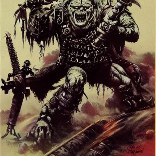 Image similar to Heavy metal Ork, Orkboy, Ork, 80s metal, mohawk, shaggy hair, New Wave of British Heavy Metal, Frank Frazetta, pulp art, illustration