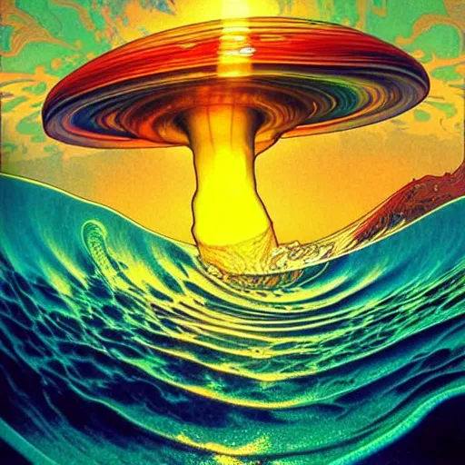 Image similar to ocean wave around psychedelic mushroom, dmt water, lsd ripples, backlit, sunset, refracted lighting, art by collier, albert aublet, krenz cushart, artem demura, alphonse mucha