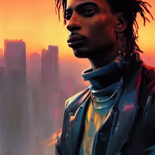 Image similar to cyberpunk, closeup portrait of a playboi carti, dramatic light, city background, sunset, dystopian setting, high contrast, sharp, neuromancer, henry dorsett case, painted by stanley lau, painted by greg rutkowski, painted by stanley artgerm, digital art, trending on artstation