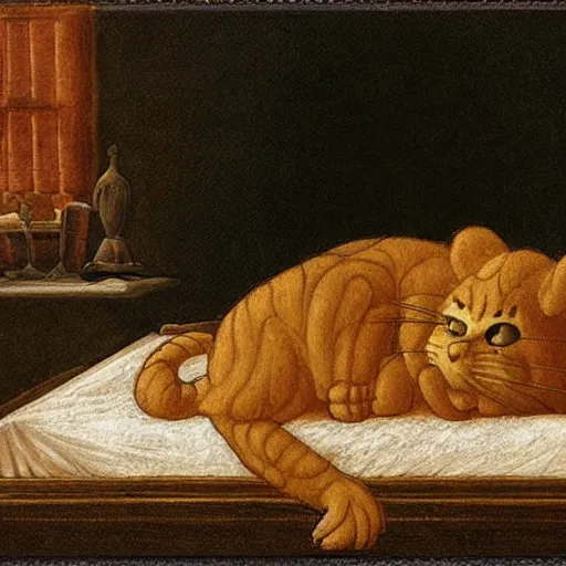 Image similar to garfield in his bed by leonardo davinci