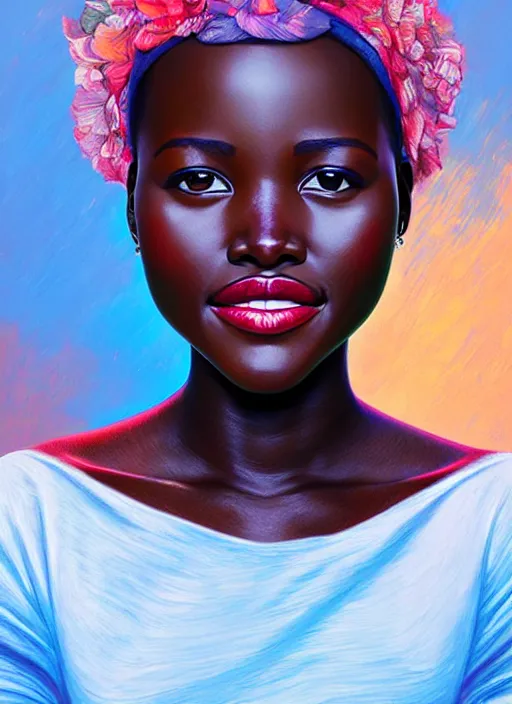 Prompt: gorgeous and beautiful lupita nyong'o, half body shot, path traced, highly detailed, high quality, digital painting, alena aenami, lilia alvarado, shinji aramaki, karol bak, alphonse mucha, tom bagshaw