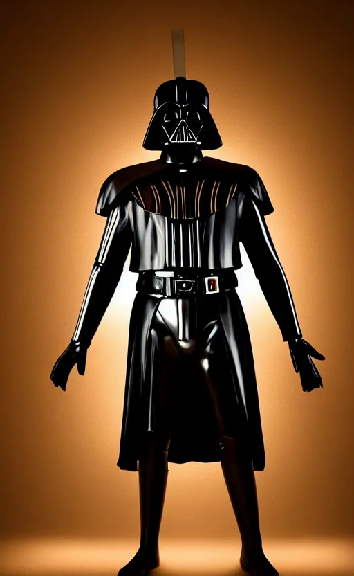 Image similar to A phone wallpaper of a full body golden Darth Vader suit in a black room, studio lighting,