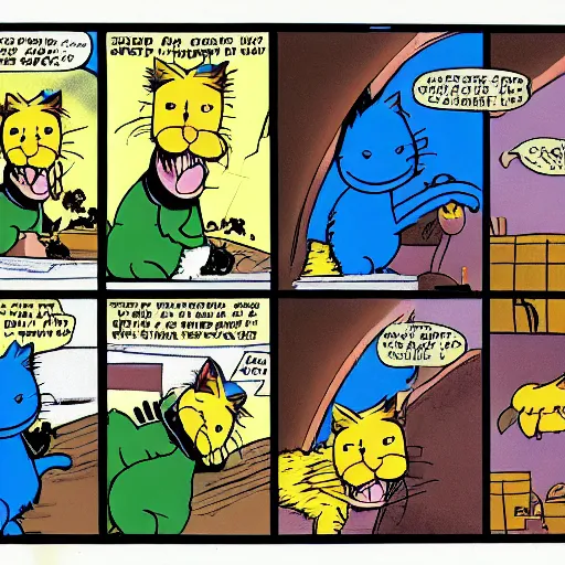 Image similar to heathcliff the cat shooting garfield the cat in the style of a comic strip, george gately, peter gallagher, jim davis