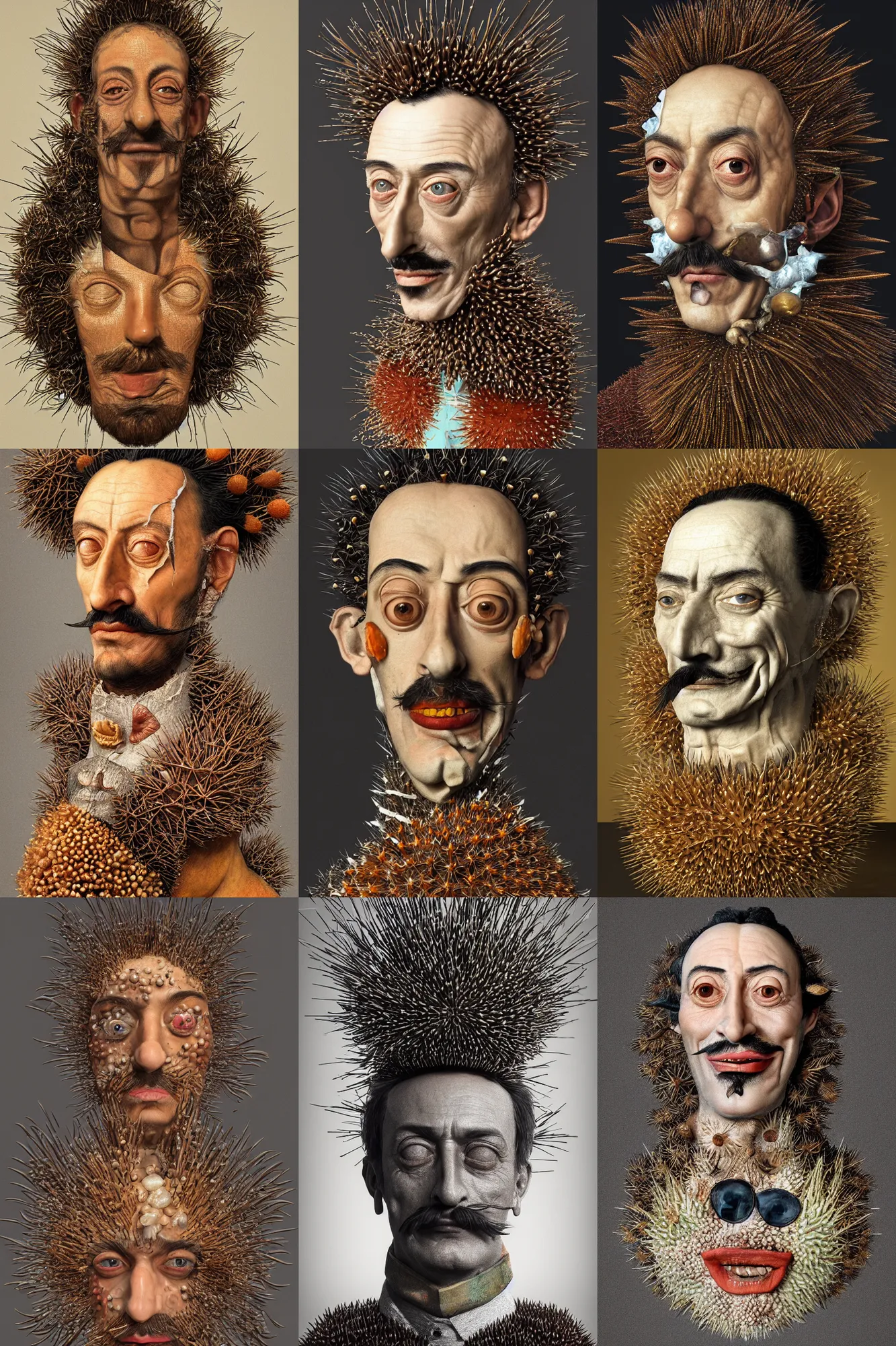 Prompt: giuseppe arcimboldo's portrait of salvador dali made out of spiny sea urchins, artstation, octane render, unreal engine, 8 k, aperture f 1. 2