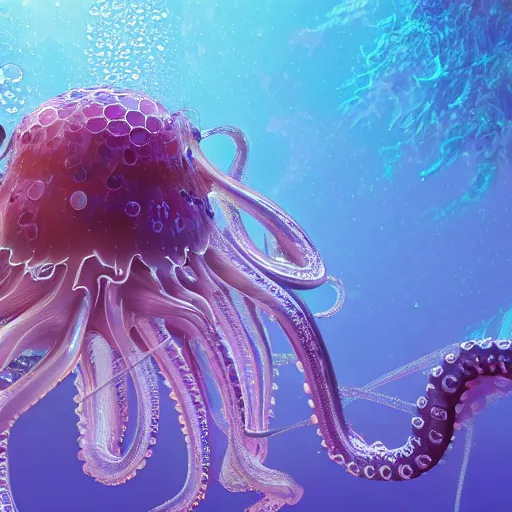 Image similar to underwater crystals, octopus character or jellyfish, illustrations, 3 d render, illustrated, incredible details, highly detailed, photorealistic, disney pixar, octane render, iridescent, anime, 8 k