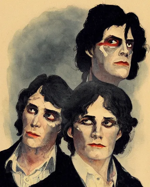 Image similar to two beautiful but sinister men wearing oxford shirts in layers of fear, with haunted eyes and dark hair, 1 9 7 0 s, seventies, wallpaper, a little blood, moonlight showing injuries, delicate embellishments, painterly, offset printing technique, by brom, robert henri, walter popp