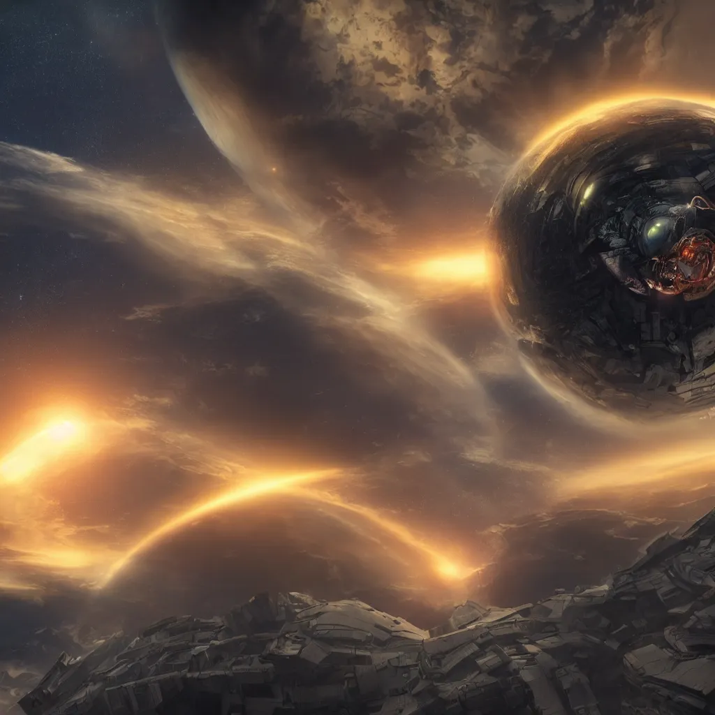 Image similar to An incredibly beautiful but ominous matte painting depicting a space hurrican hitting a planet, nvidia, vray, evening, epic scale, octanerender