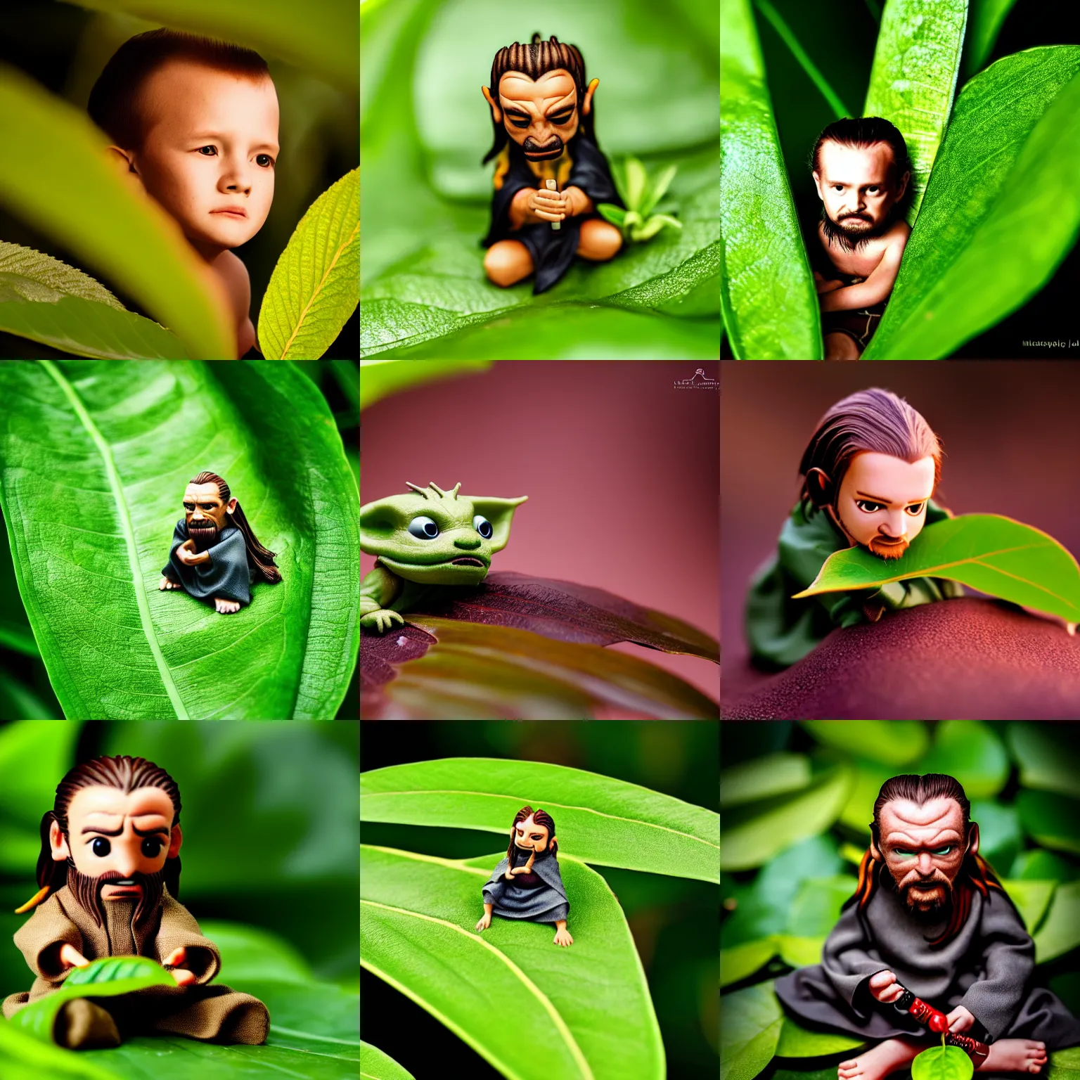 Prompt: small qui - gon jinn sitting under a leaf, macro photography