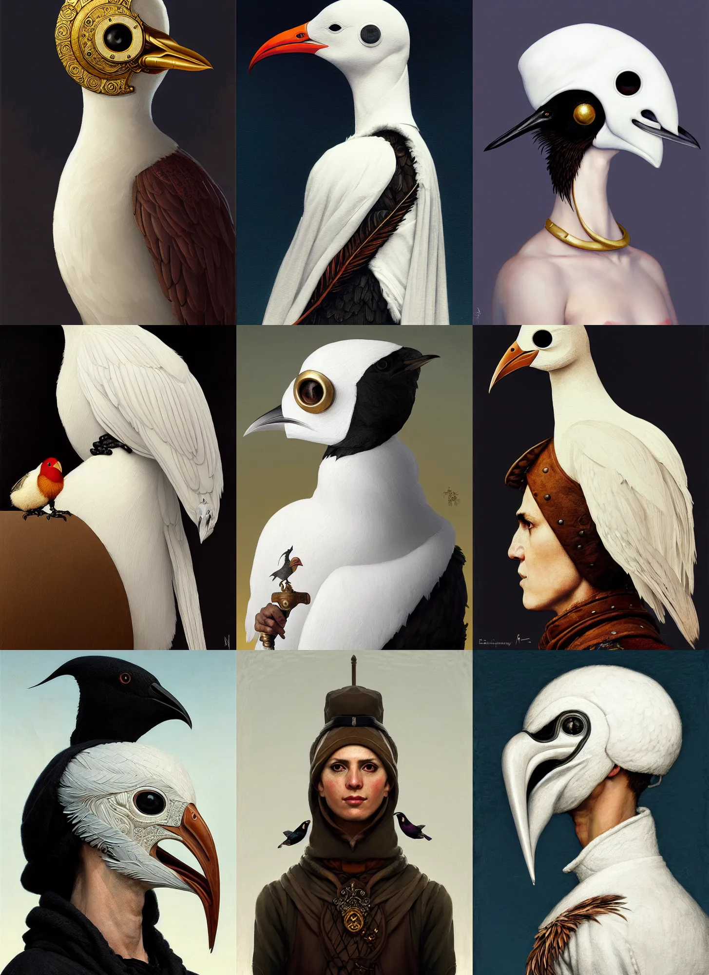 Prompt: rpg! profile! portrait of humanoid bird on white! background, beak, feathers, plague doctor, beautiful clothes, intricate, highly detailed, digital painting, artstation, concept art, smooth, sharp focus, illustration, art by norman rockwell emiliano ponzi andrey remnev yoann lossel aaron jasinski, 8 k