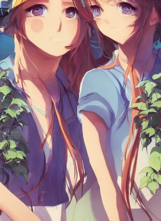 Image similar to two beautiful women under a blue sky, casual summer clothes, gorgeous faces, thick lines, cinematic lighting, detailed anime art