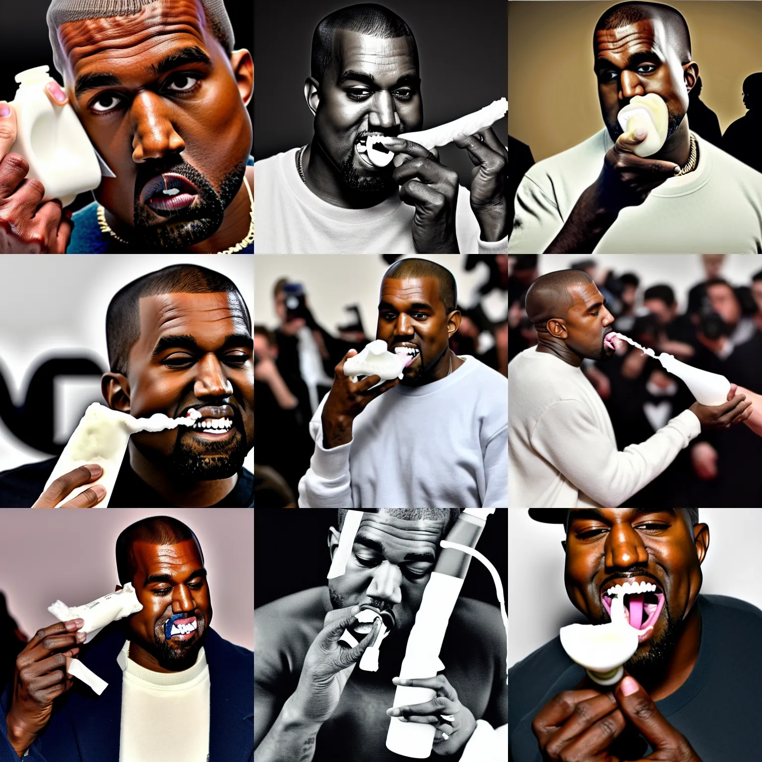 Prompt: kanye west squeezing a tube of toothpaste into his mouth