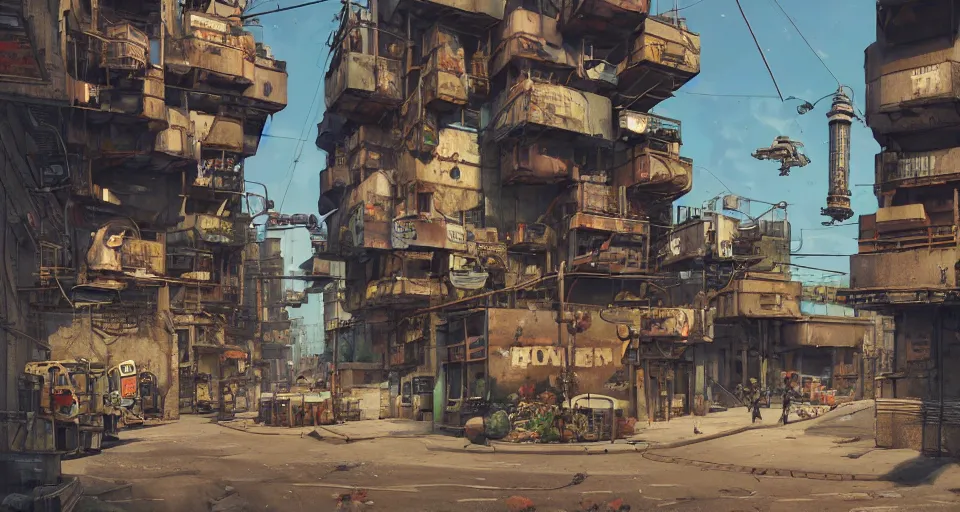 Prompt: a industrial STEAMPUNK CITY Street scenery in the FAVELAS, signs, billboards and cable Connecting MULTI LVL BUILDINGS, rendered by simon stålenhag, rendered by Beeple, Makoto Shinkai, syd meade, environment concept, digital art, starwars, Gundam Style, unreal engine, 3 point perspective, WLOP, trending on artstation, low level, 4K UHD image, octane render,