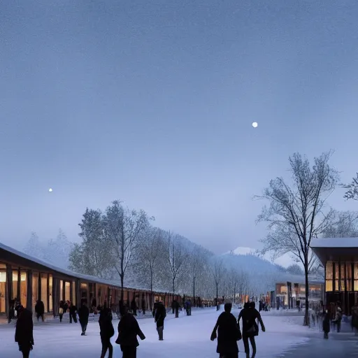 Prompt: winter town centre inspired by Peter Zumthor,bus,people walking winter sunset,full moon,p