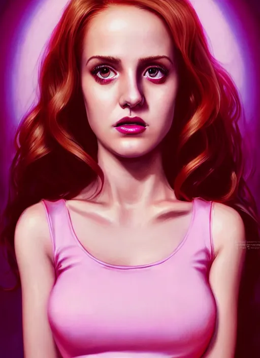 Prompt: full body portrait of teenage cheryl blossom, bangs, green eyes, sultry expression, red hair, sultry smirk, bangs and wavy hair, pink skirt, bangs, intricate, elegant, glowing lights, highly detailed, digital painting, artstation, concept art, smooth, sharp focus, illustration, art by wlop, mars ravelo and greg rutkowski