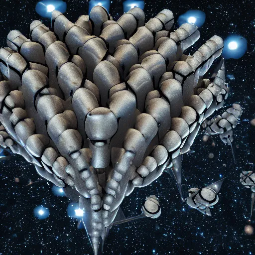 Image similar to army of interconnected neurons made of steel in space with hubble background, vray, 5 5 mm