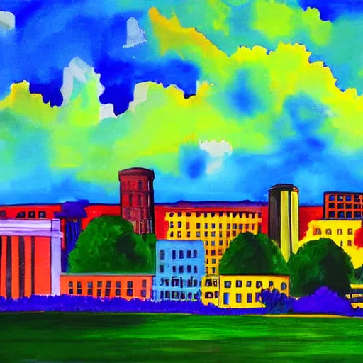 Prompt: colorful painting of greenville, sc skyline in the style of henri matiss