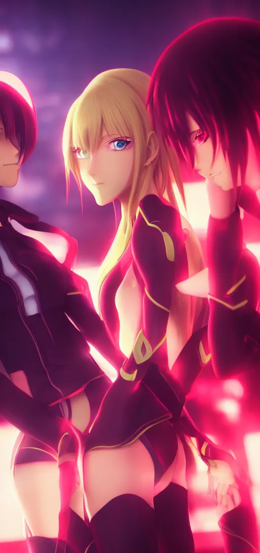 Prompt: annie leonhart and lelouch lamperouge and asuka langley in a neon city, octane render 8 k, photorealistic render, atmospheric render, beautiful face, cute, realistic skin, redshift render, realistic reflections