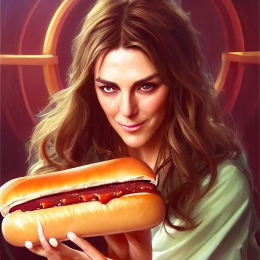 Prompt: Elizabeth Hurley eating Hot Dogs, dripping BBQ Sauce, serving big macs, D&D, spilling ketchup, fantasy, intricate, elegant, highly detailed, digital painting, artstation, concept art, matte, sharp focus, illustration, hearthstone, art by Artgerm and Greg Rutkowski and Alphonse Mucha