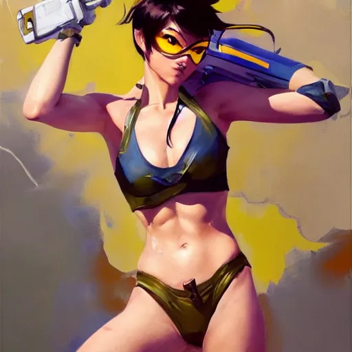Image similar to greg manchess splashart painting of overwatch's tracer in a bikini, medium shot, asymmetrical, organic painting, sunny day, matte painting, bold shapes, hard edges, street art, trending on artstation, by huang guangjian and gil elvgren and sachin teng