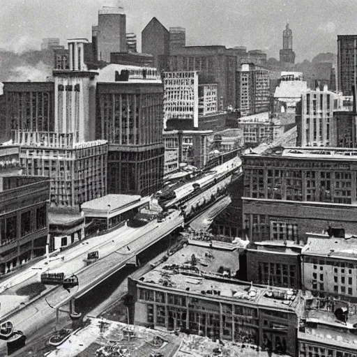 Prompt: Downtown Cincinnati in the early 1930’s, colorized, brutalist buildings